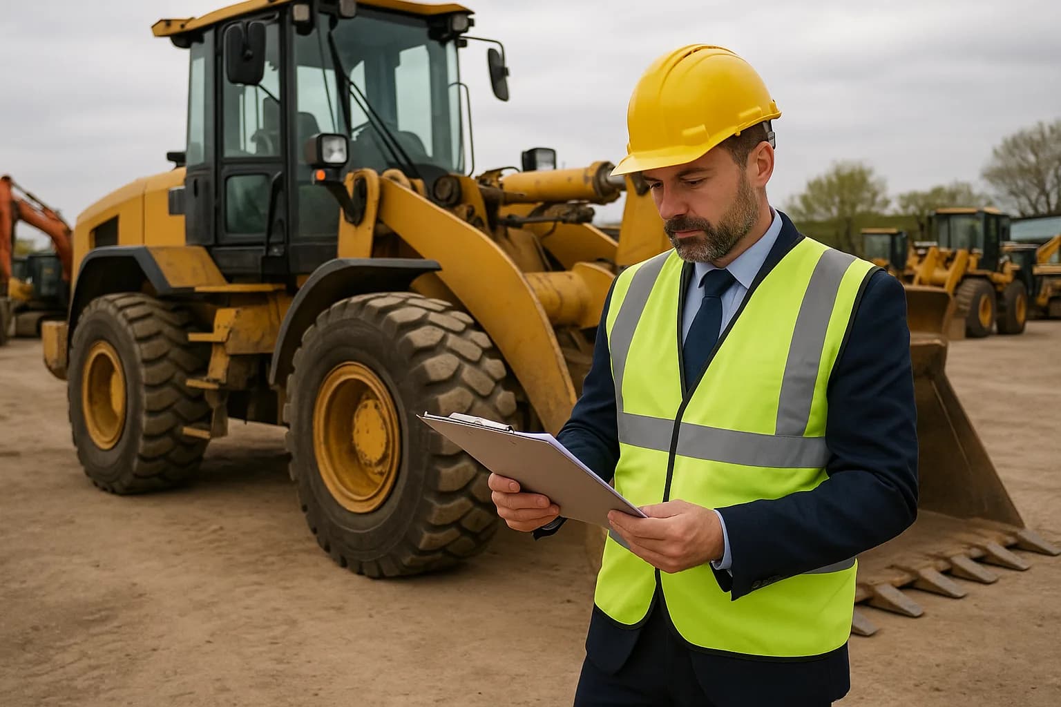A site manager in safety gear reviewing paperwork beside a large wheel loader at a construction plant yard.