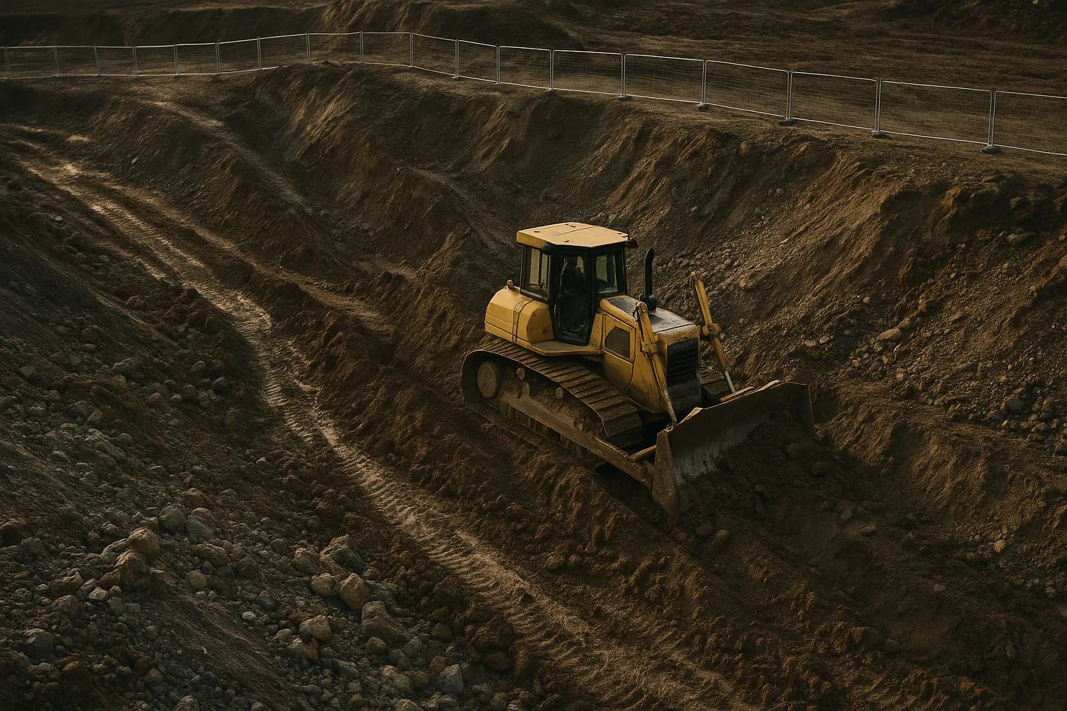 A tracked bulldozer working on steep uneven terrain at a challenging construction site.
