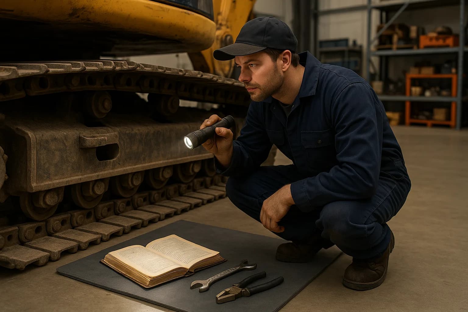 A mechanic inspecting the undercarriage of a heavy excavator during a routine maintenance check in a workshop.