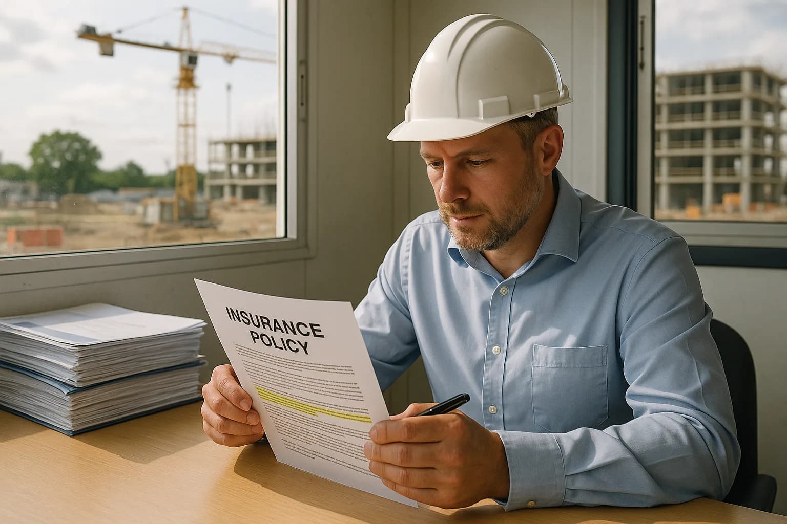 An insurance professional in a hard hat reviewing a printed policy exclusions document at a construction site office desk.