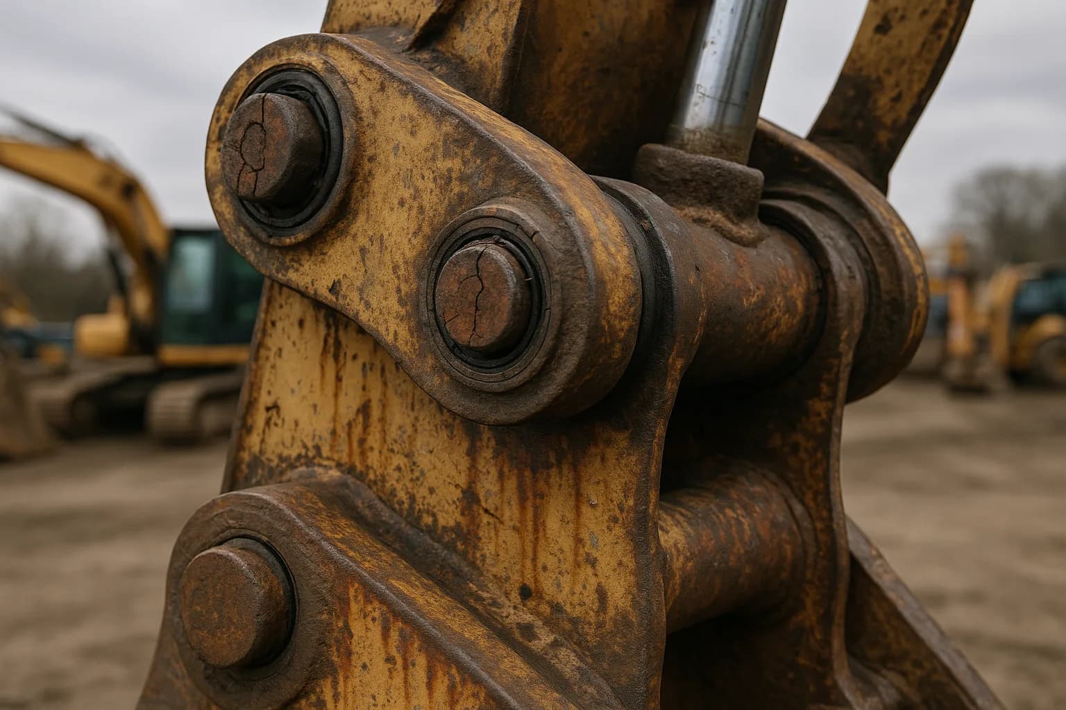 Close-up of a deteriorating excavator hydraulic arm showing rust, cracked seals, and visible wear and tear on the mechanical fittings.
