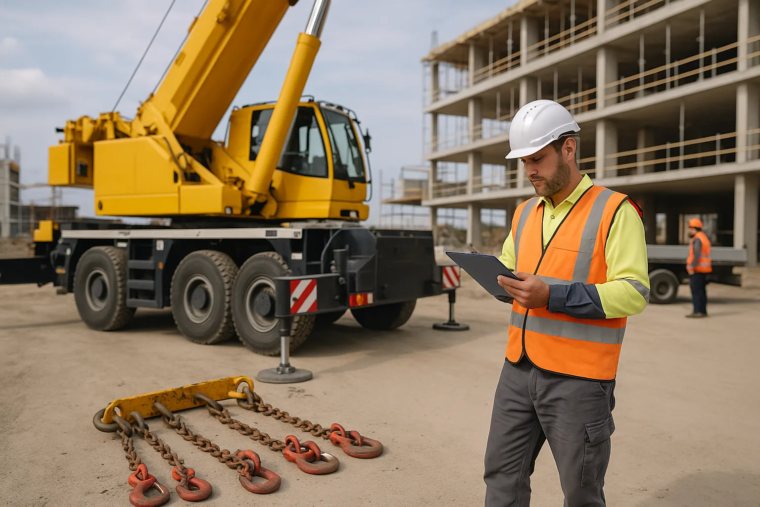 A site contractor inspecting hired-in crane equipment with a clipboard beside a large mobile crane on a busy commercial construction site.