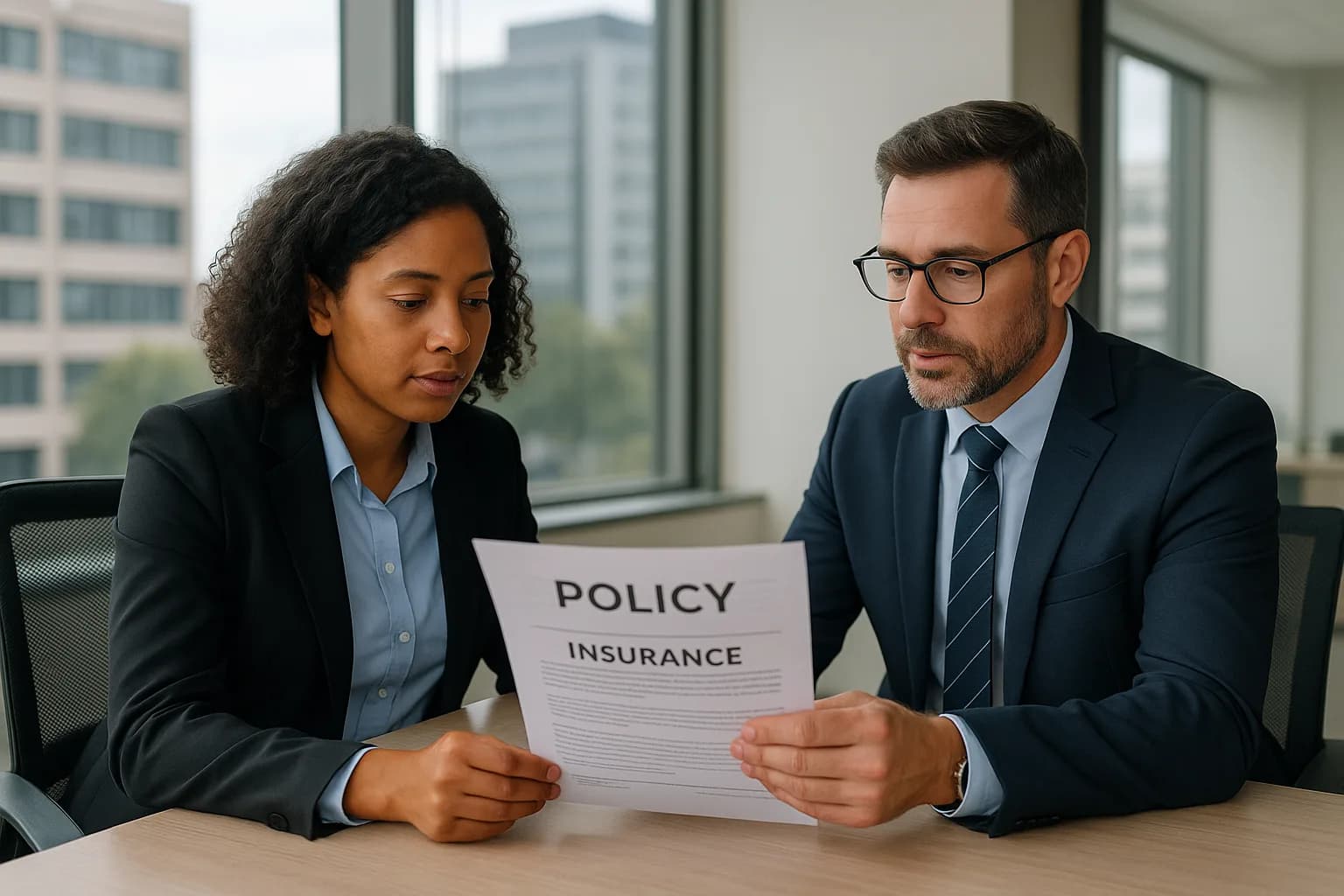 A quantity surveyor and insurance broker reviewing a professional indemnity policy document together in a modern office.