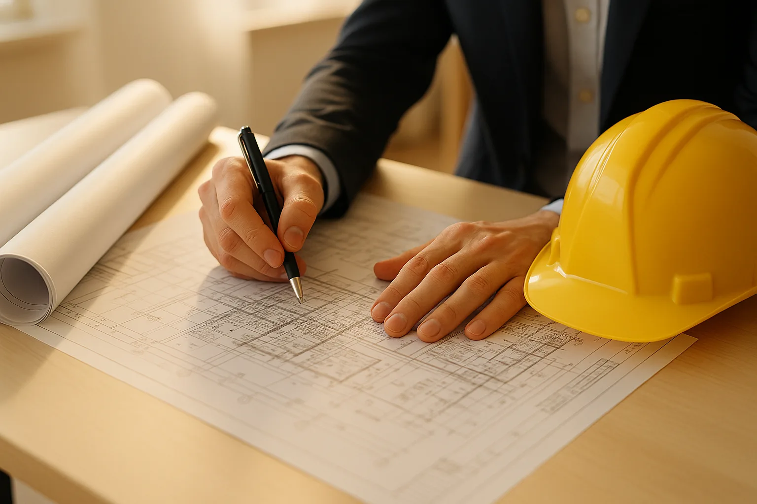 A project manager annotating engineering specification sheets on a desk with rolled blueprints and a safety helmet nearby.