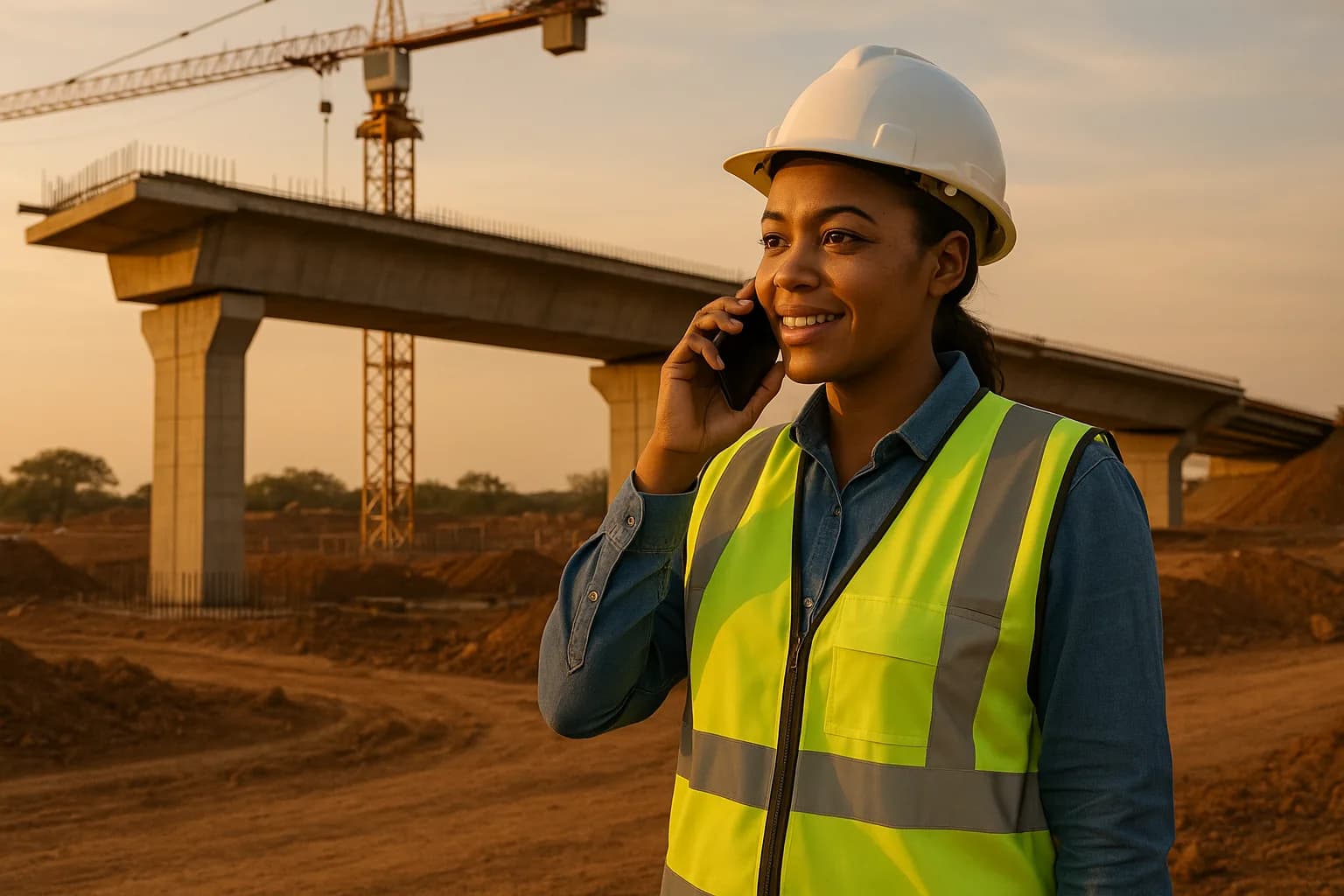 A female civil engineer in high-visibility gear taking a call on a South African infrastructure construction site at dusk.
