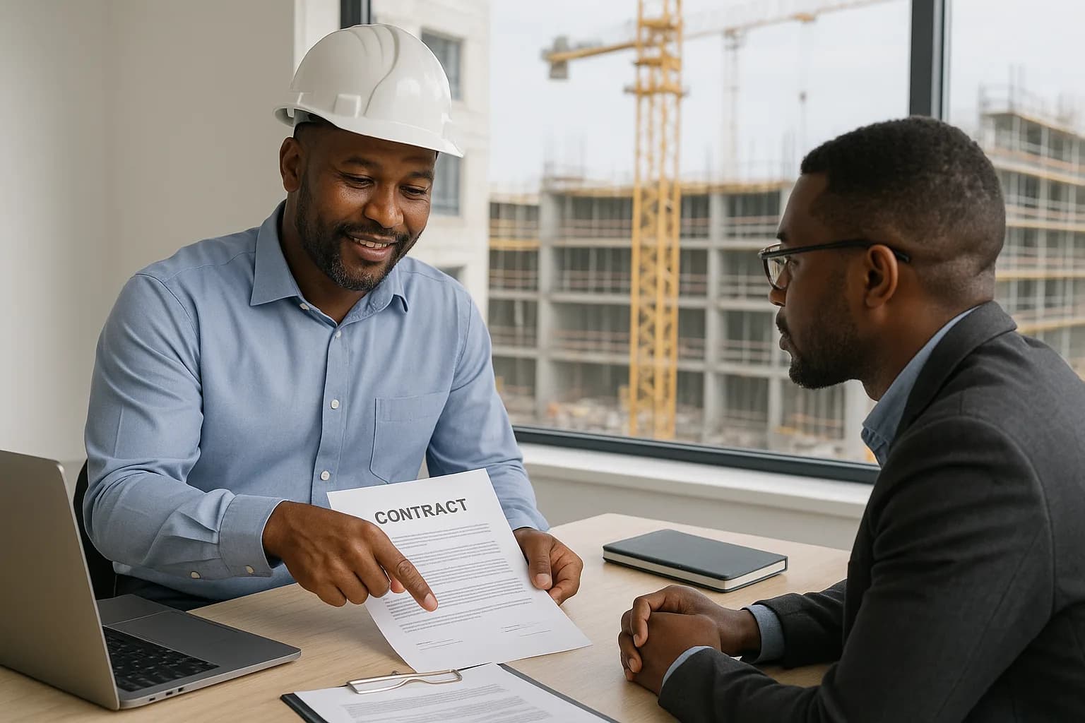 A contractor and client reviewing a contract document at a site office with a construction site visible through the window behind them.