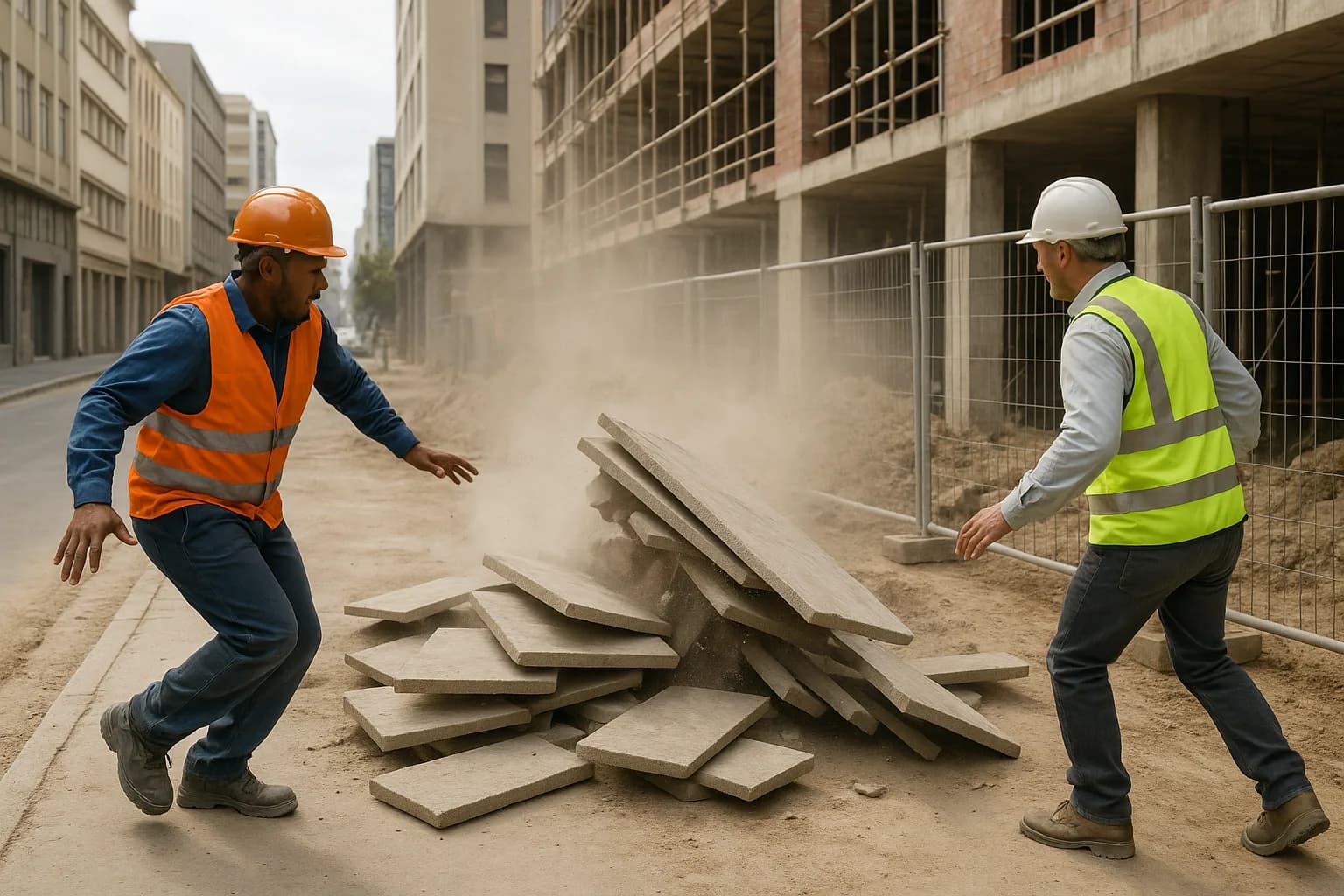 A construction worker accidentally knocking over materials near a public walkway beside a building under construction while a site foreman reacts.