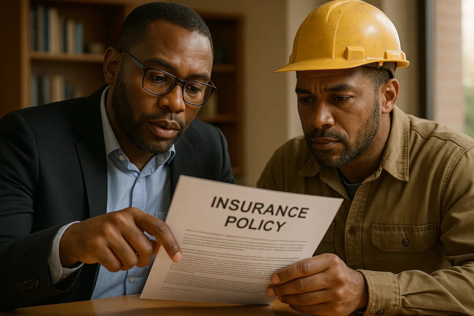 An insurance broker pointing to a clause in a printed policy document while a contractor looks on across an office table.