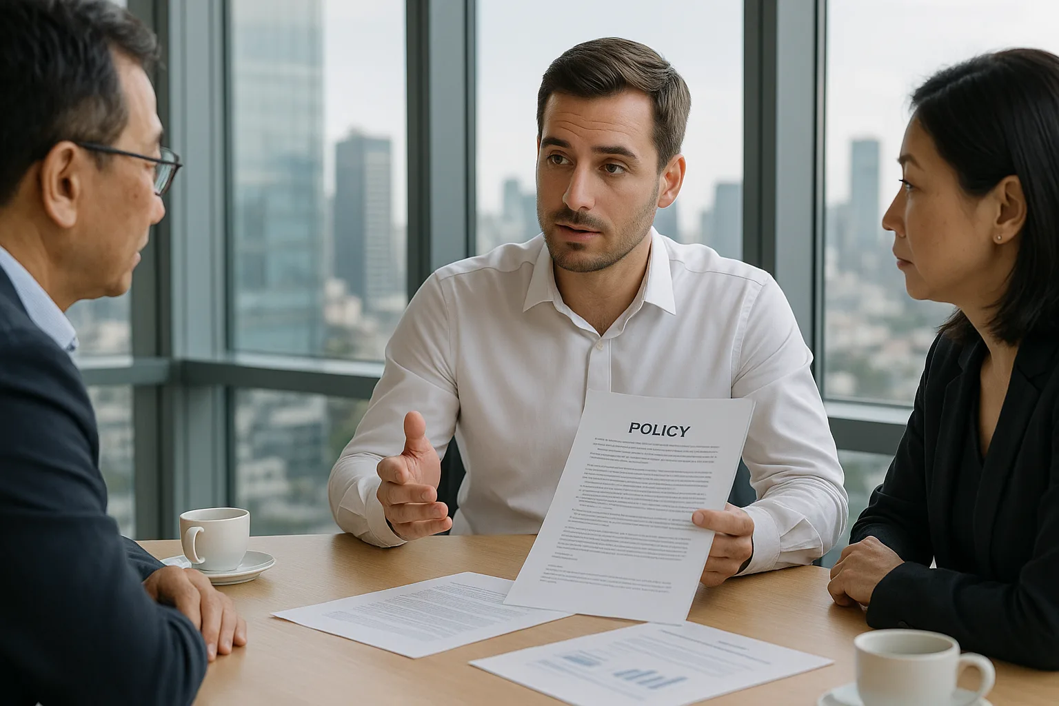A trade finance consultant explaining a credit insurance policy document to two business owners in a sunlit boardroom.
