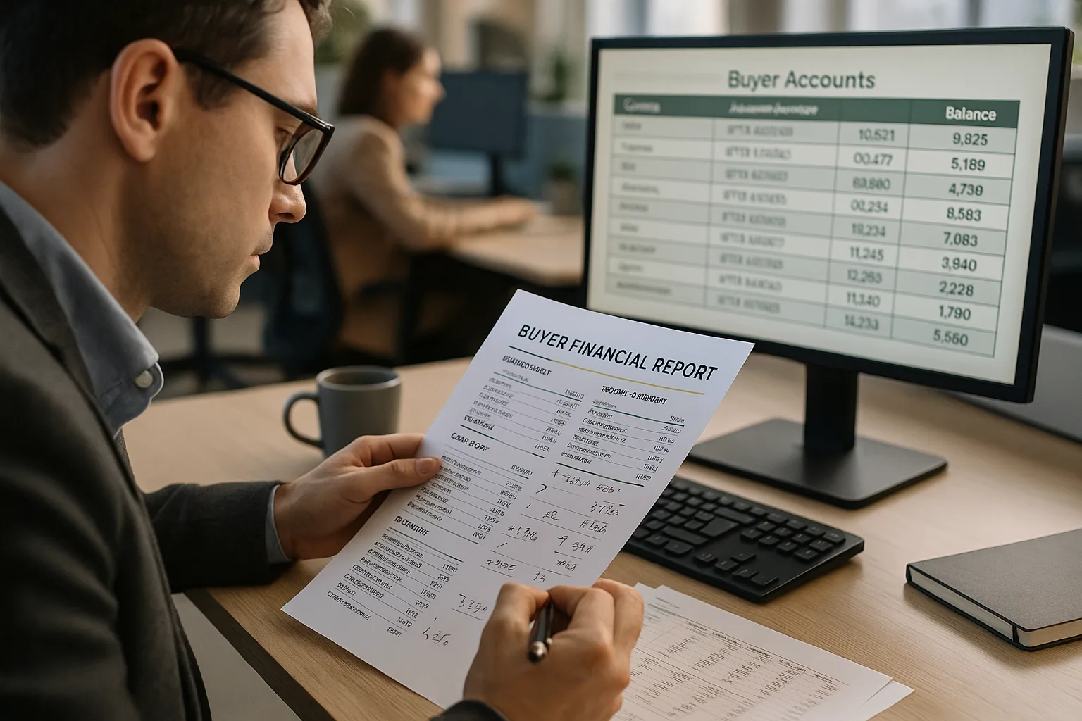 A credit analyst reviewing international buyer financial documents and account data at an office workstation.