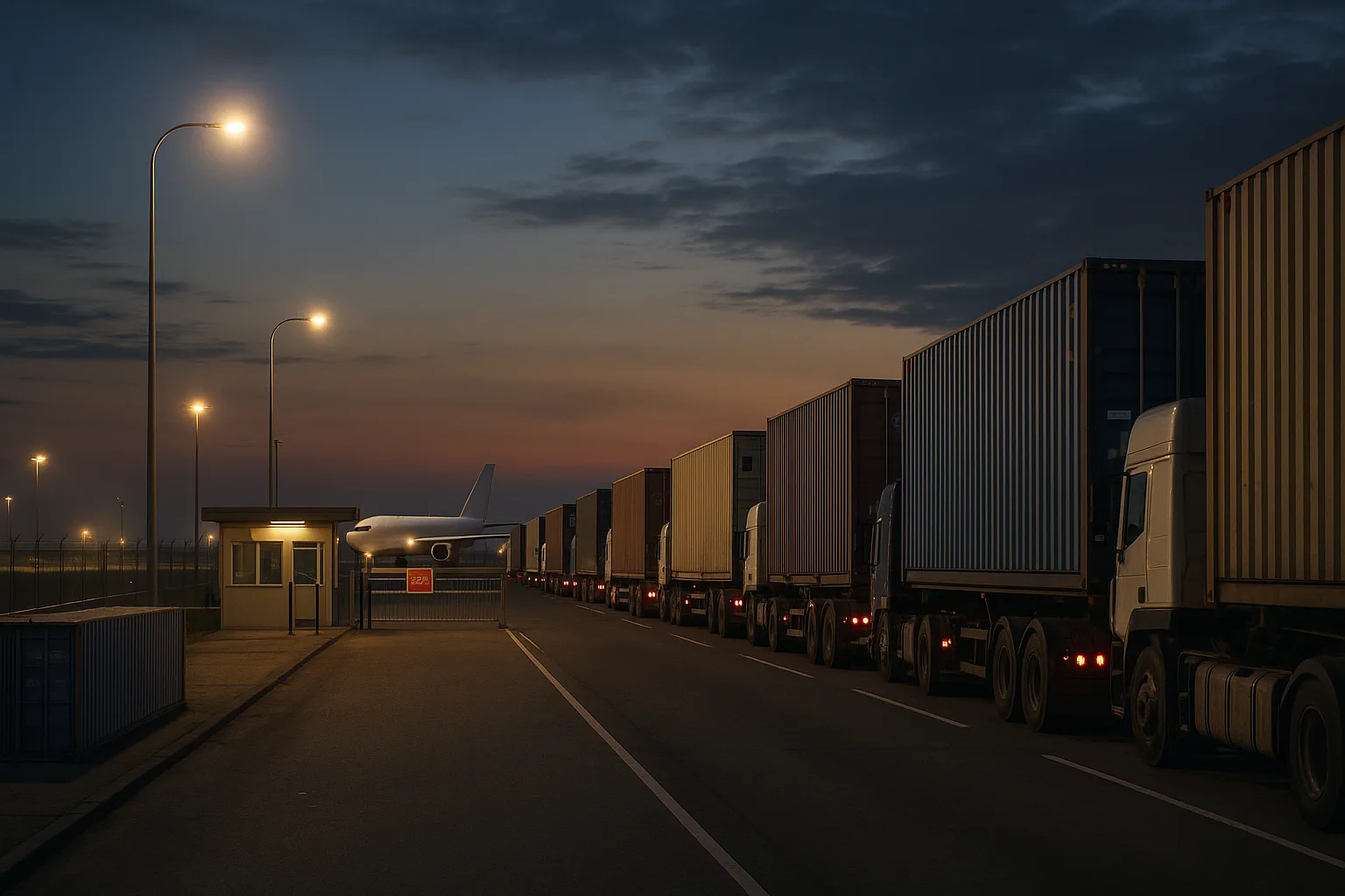 A freight terminal at dusk showing export cargo trucks queued at a checkpoint with a cargo aircraft taxiing in the background.