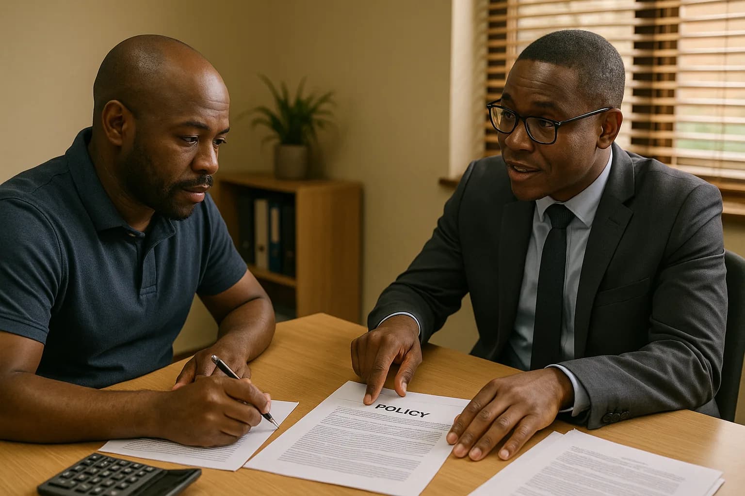 A business owner and an insurance adviser discussing a trade credit policy document at a meeting table in a South African office.