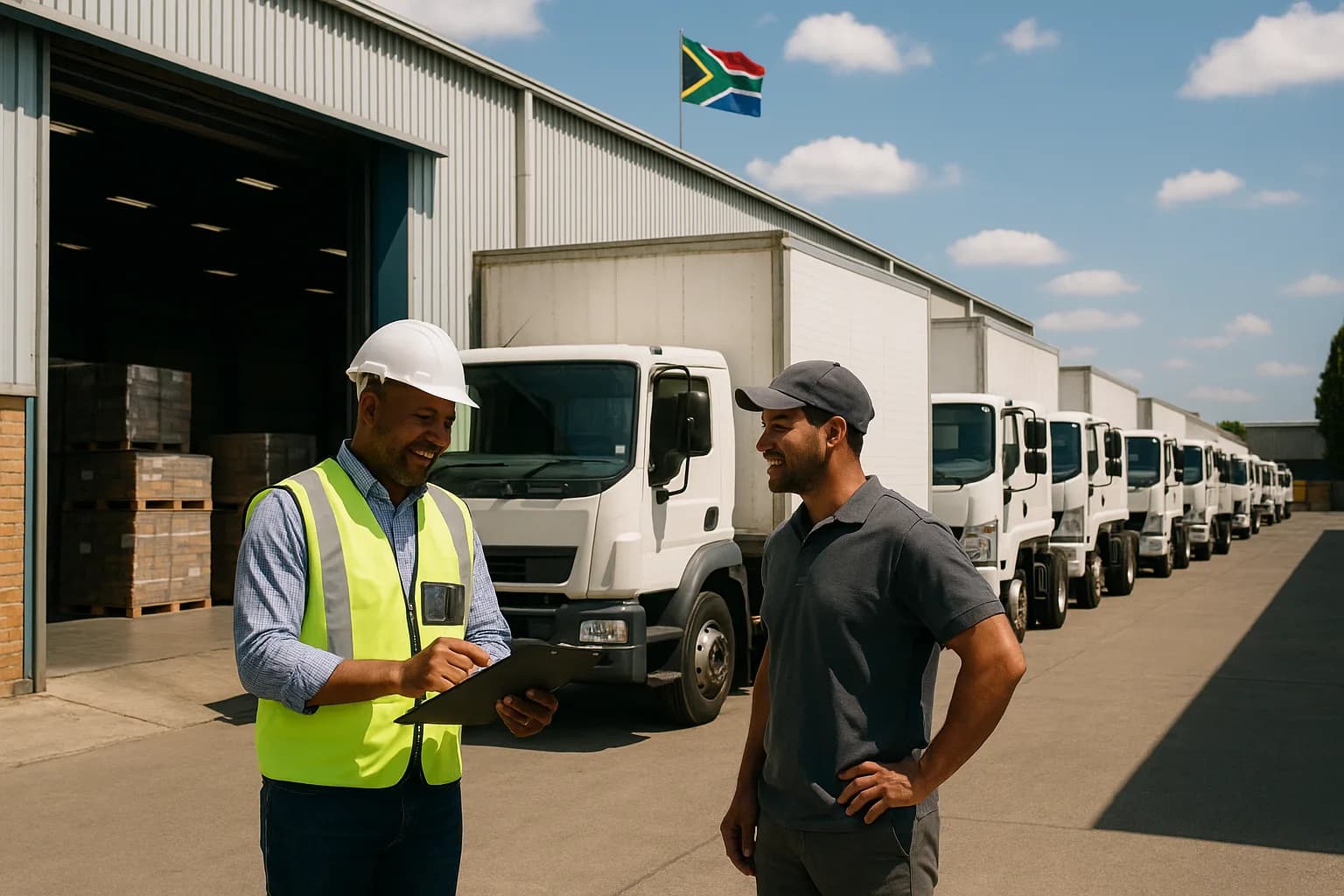 A warehouse manager and truck driver discussing a delivery at a commercial logistics yard, with pallets of goods visible inside the warehouse.