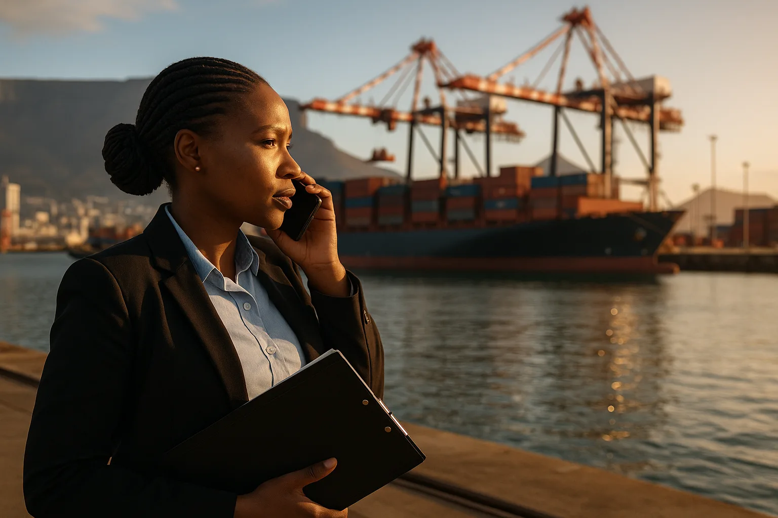 A businesswoman holding shipping documents at a Cape Town container port, watching a vessel being loaded by cranes in the background.