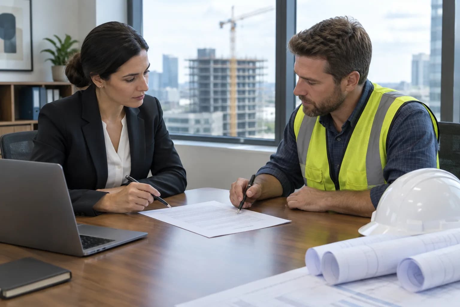 A construction manager and legal professional reviewing a subcontractor contract before work begins, highlighting the liability chain and contractual obligations when a subcontractor causes injury or property damage.