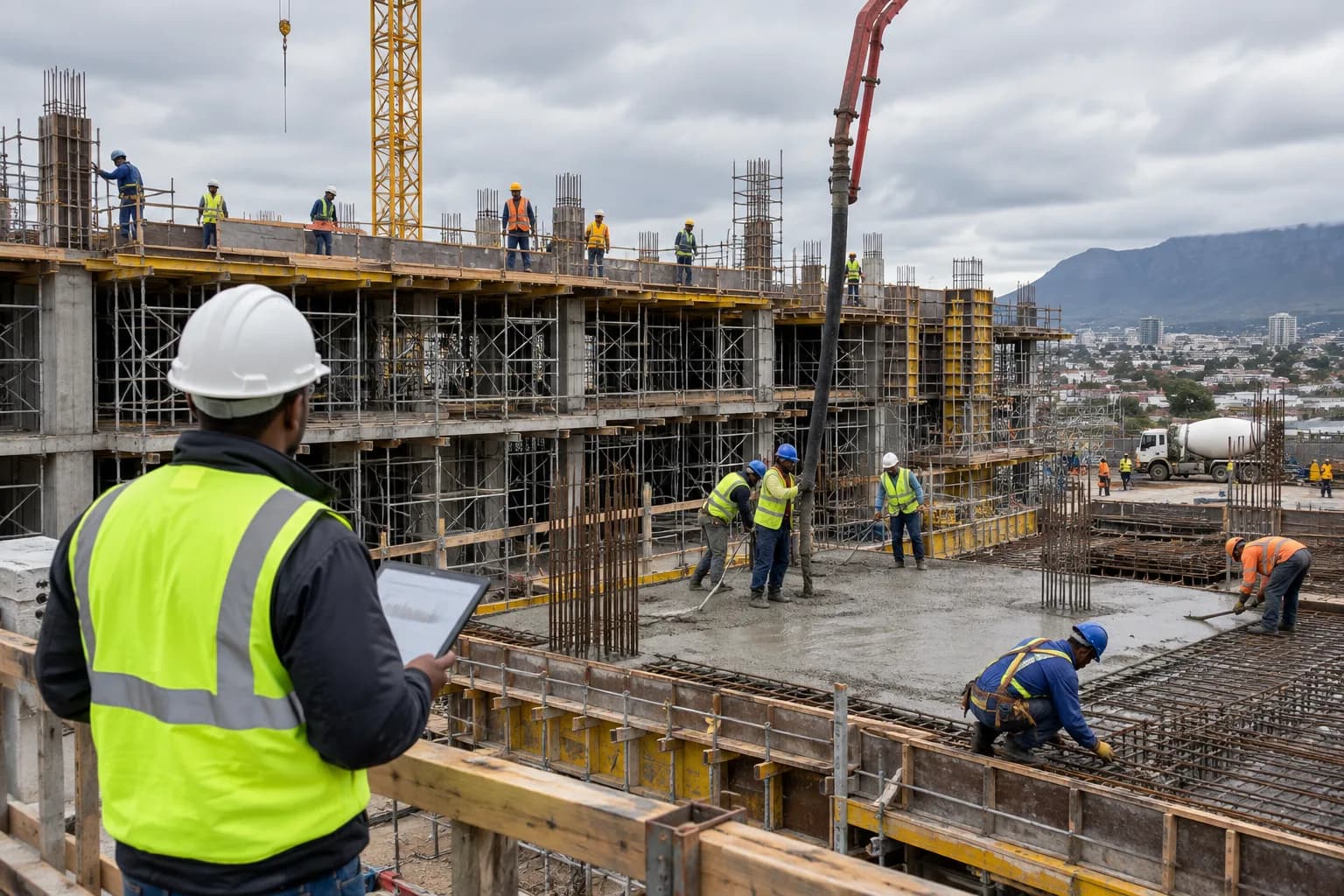 Multiple subcontractor crews working simultaneously on a large commercial building site with a foreman overseeing operations, illustrating how contractors all risk cover applies across different parties on site.