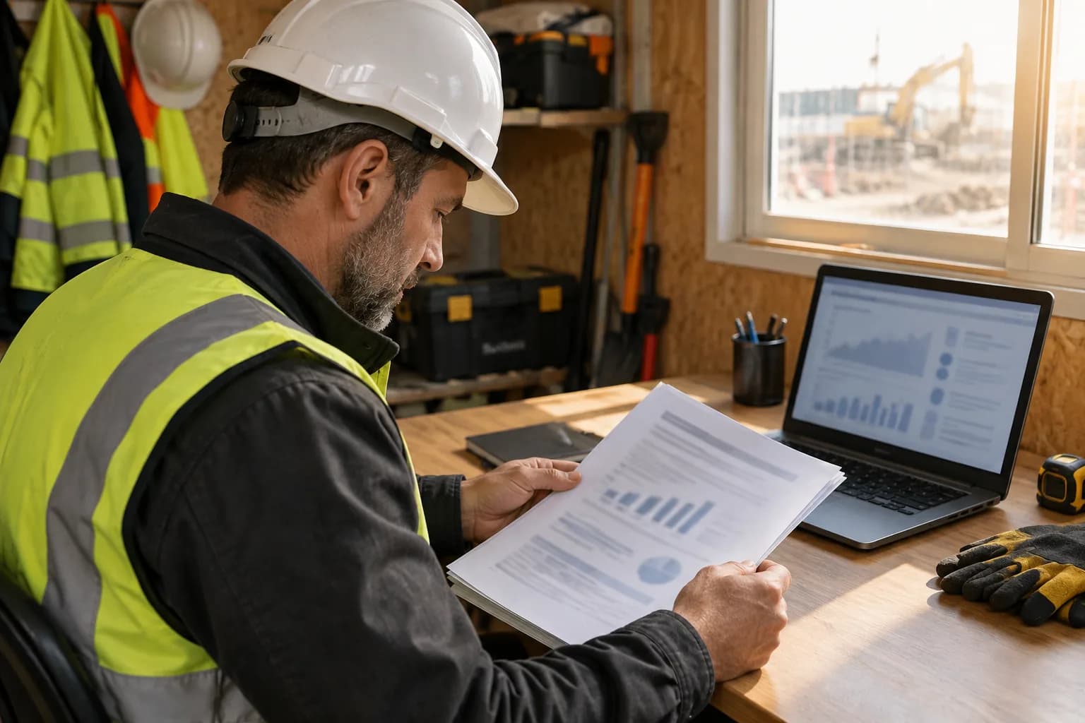 A site manager at a temporary construction office reviewing an insurance policy document, representing what subcontractor insurance is and who needs it.